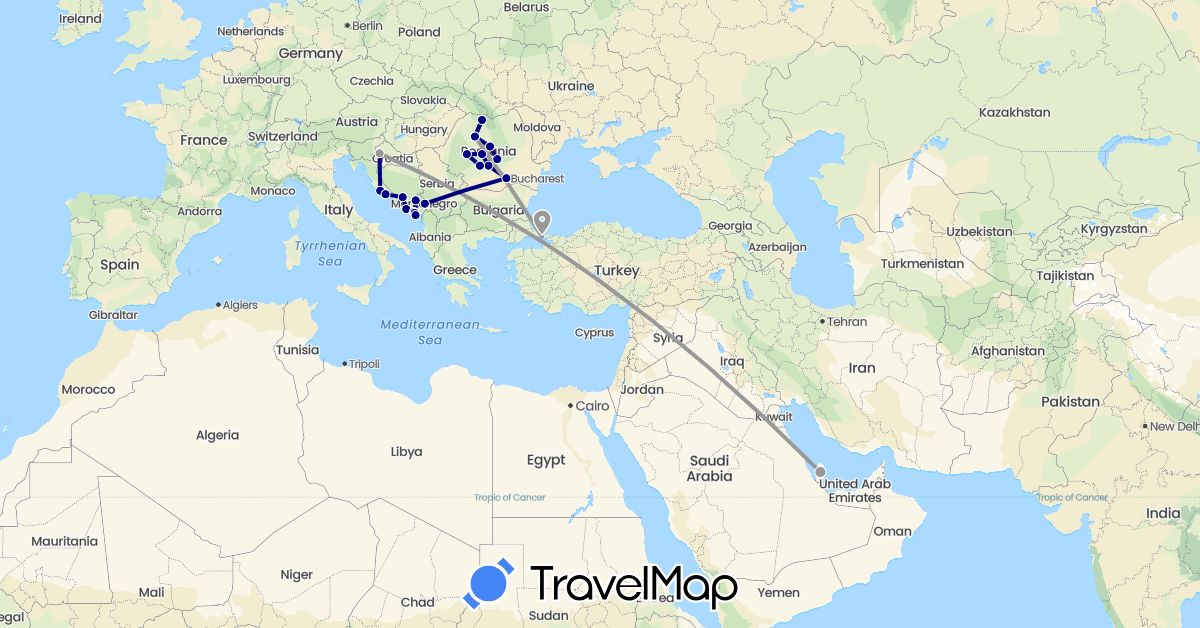 TravelMap itinerary: driving, plane in Bosnia and Herzegovina, Croatia, Montenegro, Qatar, Romania, Turkey (Asia, Europe)