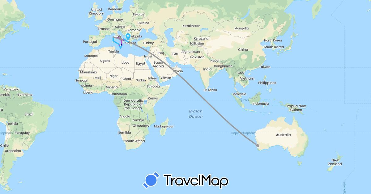 TravelMap itinerary: driving, plane, train, boat in Albania, Australia, France, Greece, Italy, Malta (Europe, Oceania)